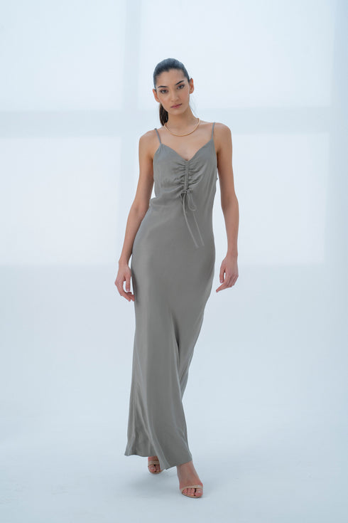 GREEN SHIRRED DETAIL DRESS - Barrus London